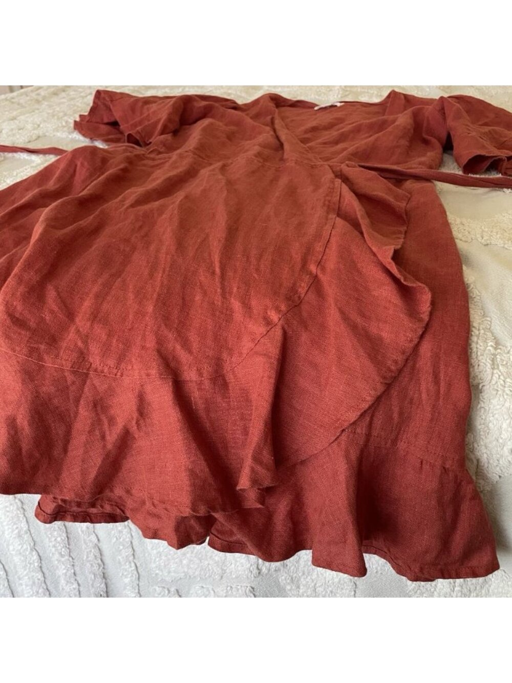 Honorine Edie Linen Ruffle Wrap Mini Dress Terracotta European Summer Boho Chic - Picture 7 of 13